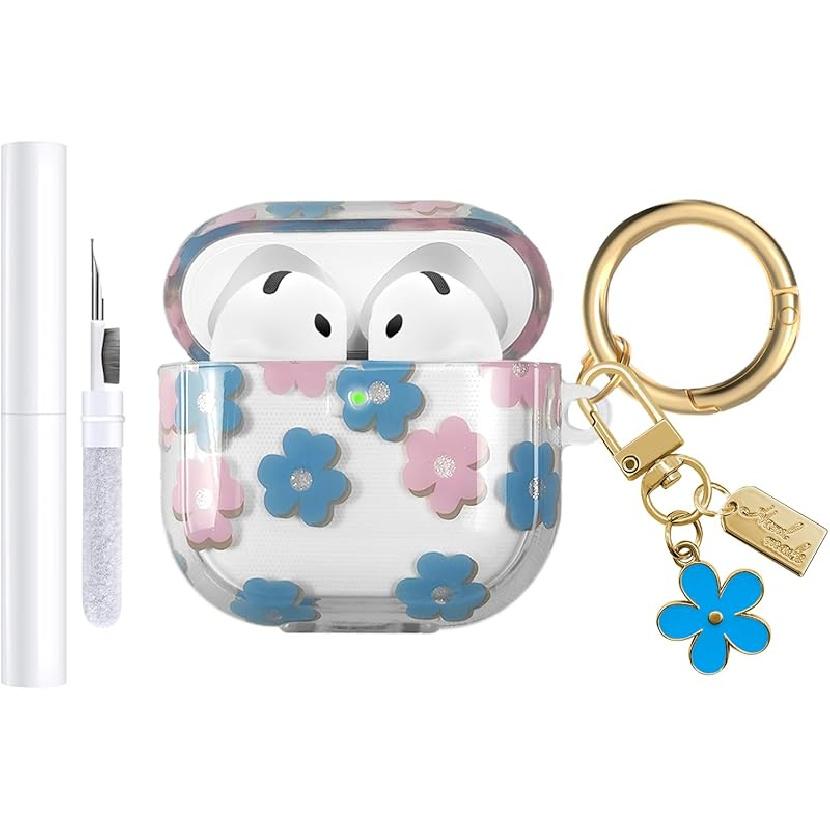 Compatible with AirPods 4 Case Cover 2024, Soft TPU Case with Cute Flower Pattern for AirPods 4th Generation Case with Flower Keychain and Cleaning