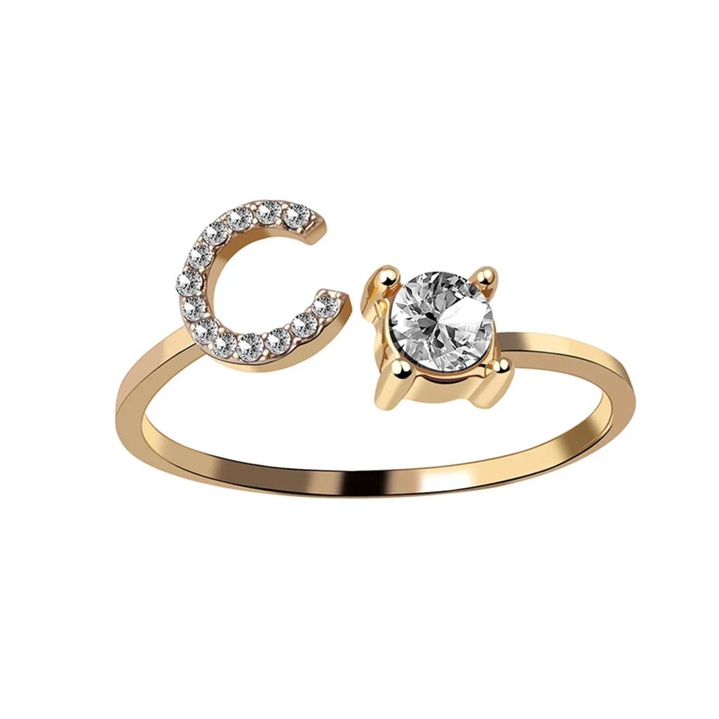 Adjustable Initials Rings Stainless Steel Simple Zircon Letter Rings for Women Wedding Band Couples Jewelry Accessories Gifts