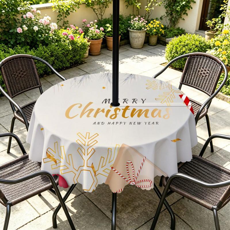 Outdoor Christmas Tablecloth Round Waterproof Oil-Resistant Patio Table Cover Garden Deck Umbrella Hole