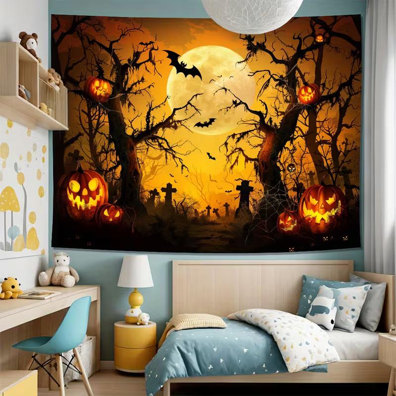 2D Spooky Halloween Night Tapestry, Glowing Pumpkins & Full Moon Background Cloth