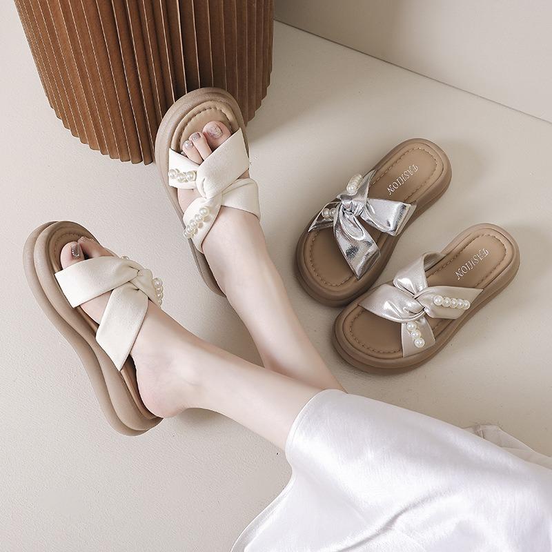 Thick bottom cross one-word drag women's summer new fashion comfortable casual pearl with skirt sandals