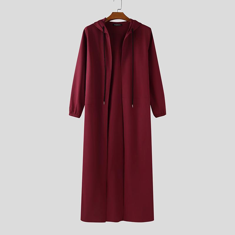 INCERUN Men Collarless Long Sleeve Open Front Long Hooded Cardigan Coats Windbreaker
