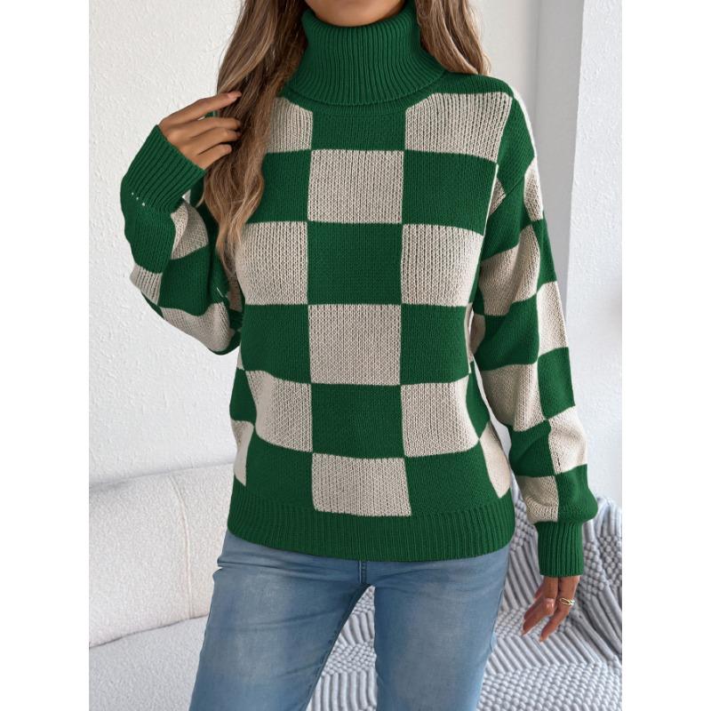Women Casual High Neck Color Block Plaid Lantern Long Sleeve Pullover Sweater