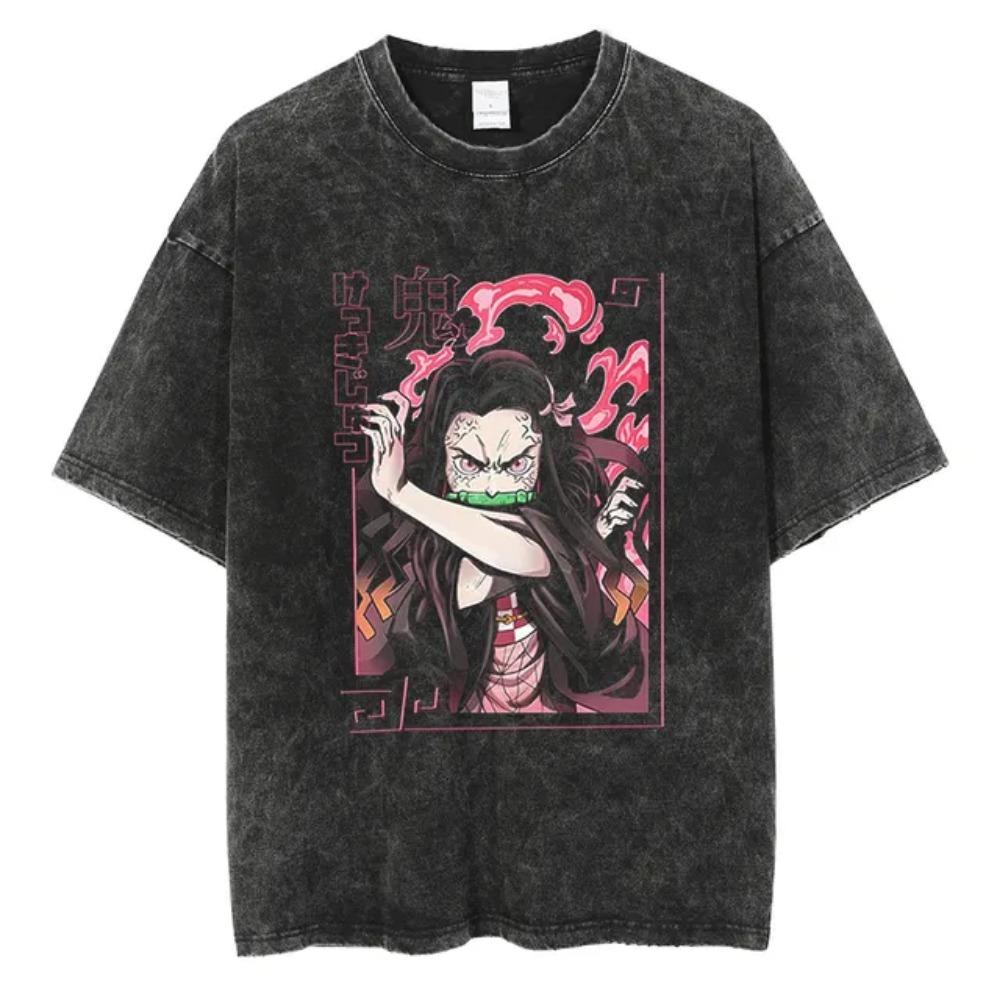 Summer Retro Washed Style Demon Slayer Blade Anime Printed T-shirt for Men Anime Fans and Enthusiasts T-shirt