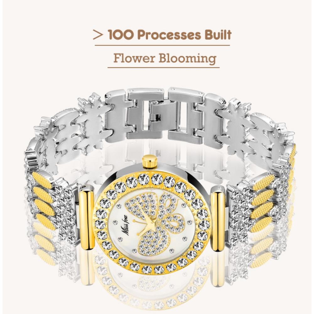 Butterfly Rhinestone Quartz Watch For Women Round Full Diamond Bezel Shell Dial Luxury Alloy Bracelet Elegant Party Waterproof Wristwatch