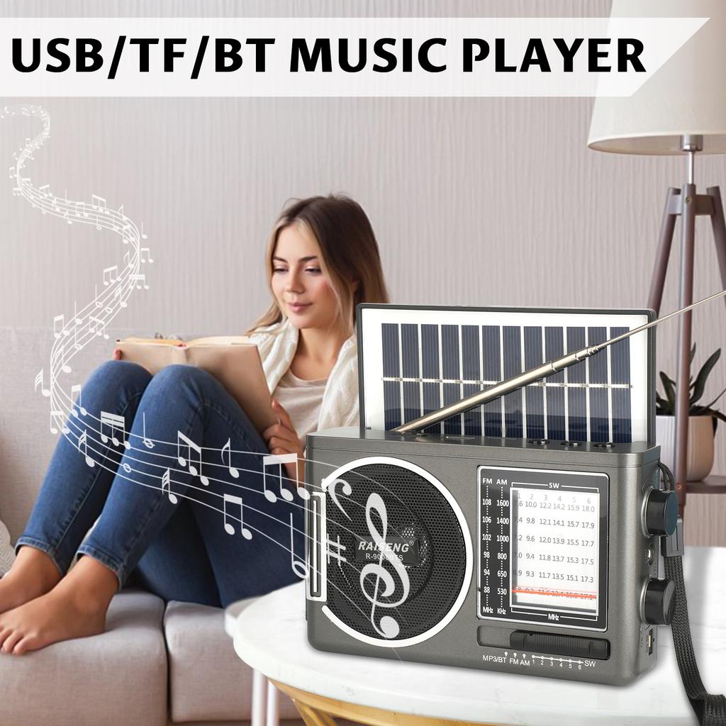 9008BTS Klasyczne radio solarne, głośnik AM/FM, interfejs karty USB/TF, 3 metody ładowania, odpowiednie do aktywności na świeżym powietrzu