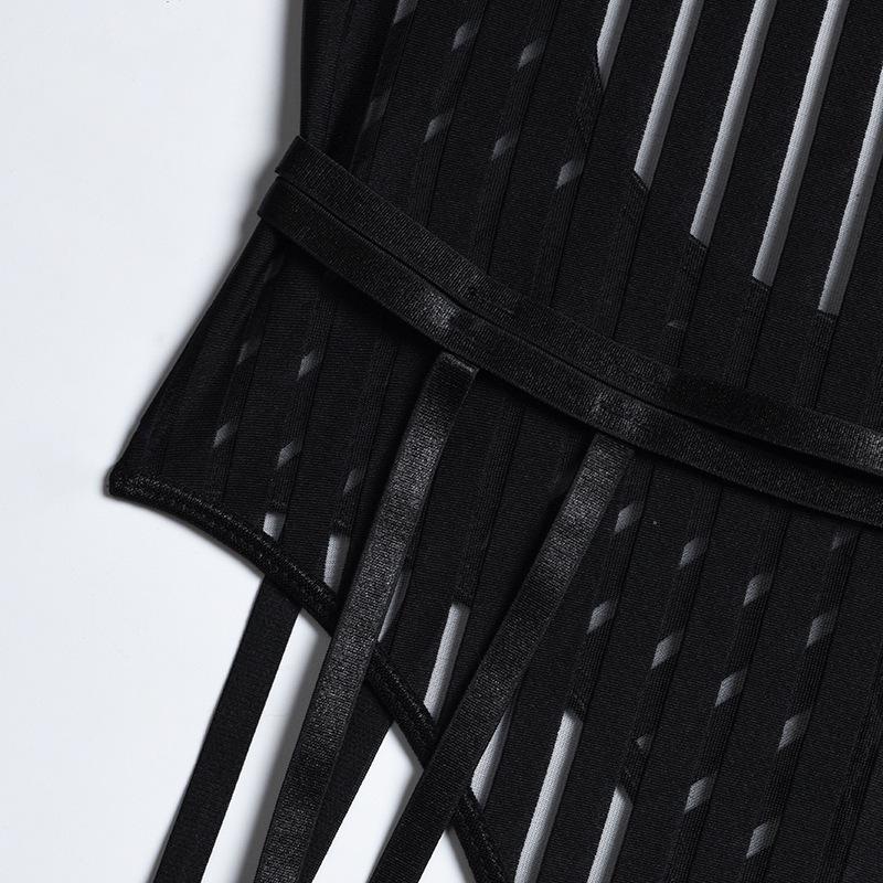 European & American Fishnet Striped Garter Bodysuit - Sexy Lingerie Set