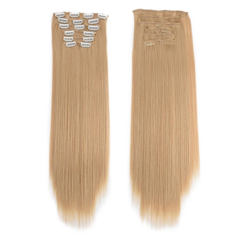 Postiche 6 pièces/ensemble Extensions de cheveux à clips pour tête entière Cheveux longs raides Couleur blond marron