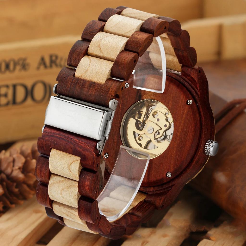 Braune Hohl-Luxus-Design Herren Automatische Mechanische Handaufzugsuhr Lässige Mode-Trend-Accessoires Herren-Holzuhr