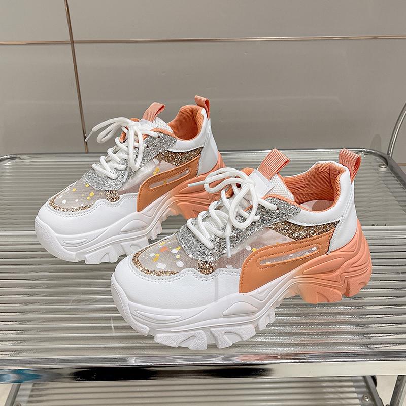 Fashion Shoes for Women Platform Shoes Autumn Women Casual Breathable Mesh Sequin Sneakers Wedges Sports Lace-up Non-slip Shoes
