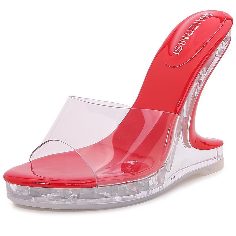 

Women Crystal High-heeled Slide Sandals Peep Toe Wedge Heel Sandals Office Nightclub Party Wedding Banquet Catwalk Lady Sandals 35 красный