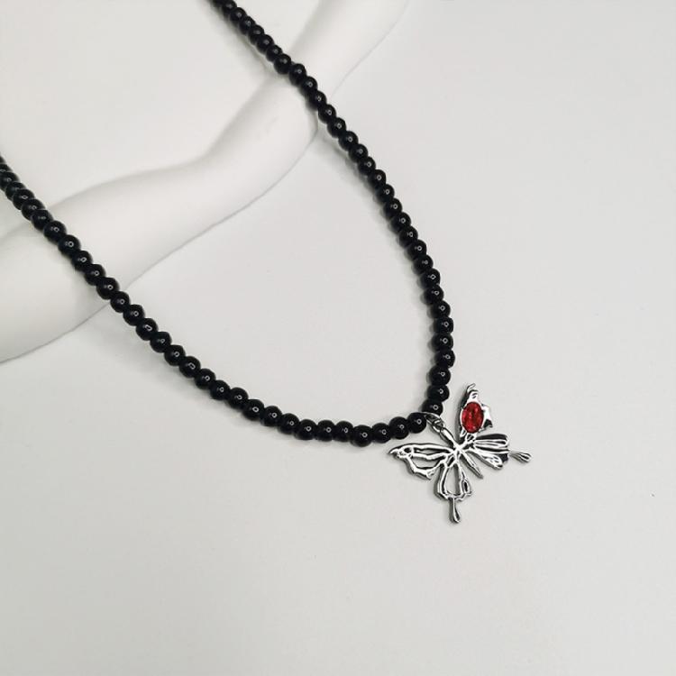 Fashionable Necklace Adornment With Black Crystal Beads Highlighting Heart And Butterfly Symbols For Modern Women