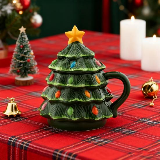 Christmas Tree Mug 16oz, Nostalgic Themed Lidded Tumbler for Coffee Hot