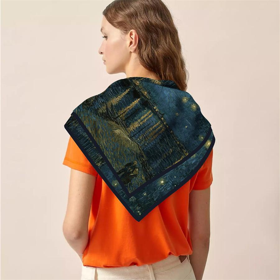 Silk Scarf Women Star Night Print Square Scarves Head Echarpes Silk Foulards Femme Wraps Beach Shawls Bandana Lady Hijabs 90CM