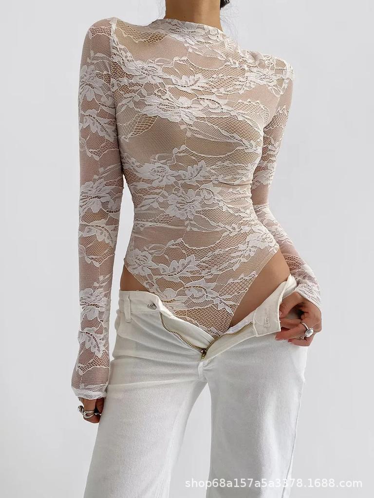 Trendy European & American Style Slim-Fit Lace Patchwork Long-Sleeve Jumpsuit