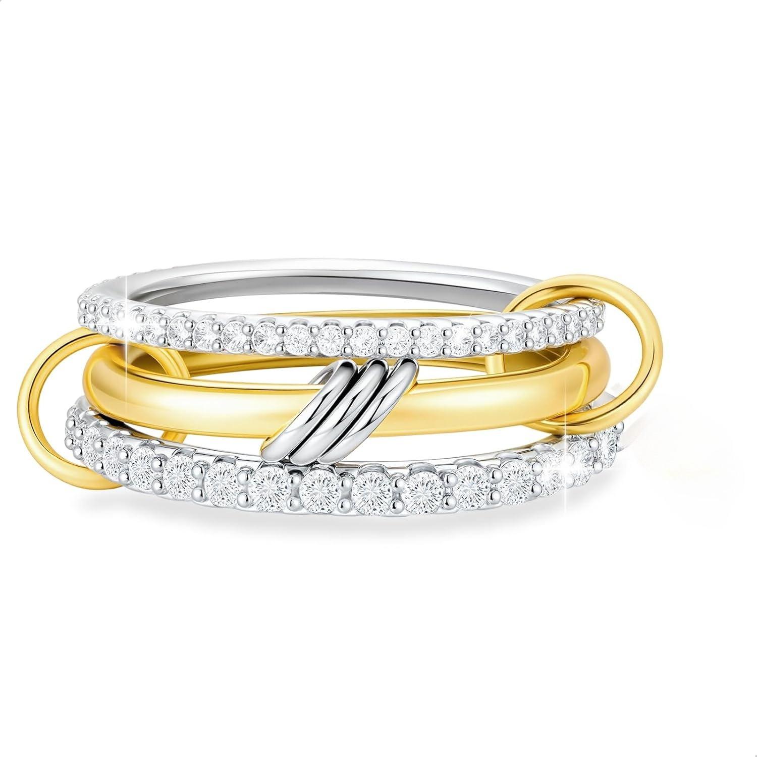 

14K Goldplated Stackable Rings for Women Multi-link Ring Cubic Zircon Mixed Metals Stack Rings Stainless Steel Jewelry 6