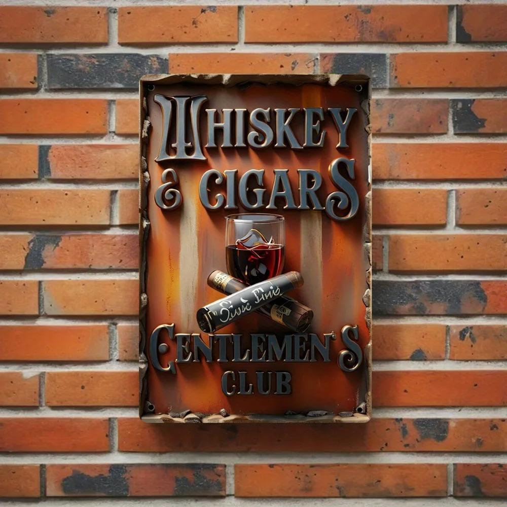 Vintage Whiskey & Cigar Gentlemen's Club Metal Sign - Art Print Poster, Retro Wall Decor for Bar Man Cave