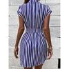 Women's Striped Lace-up Dress Fashion Slim V-neck Temperament White-collar Work Commuter Mini Dress Street Casual Wear