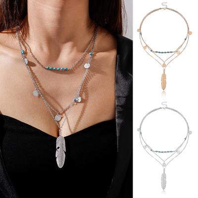 Layered Long Necklace for Women Turquoise Stone Sequin Necklace Feather Beaded Strand Sweater Chain Necklaces Fashion Costume Jewelry Gifts