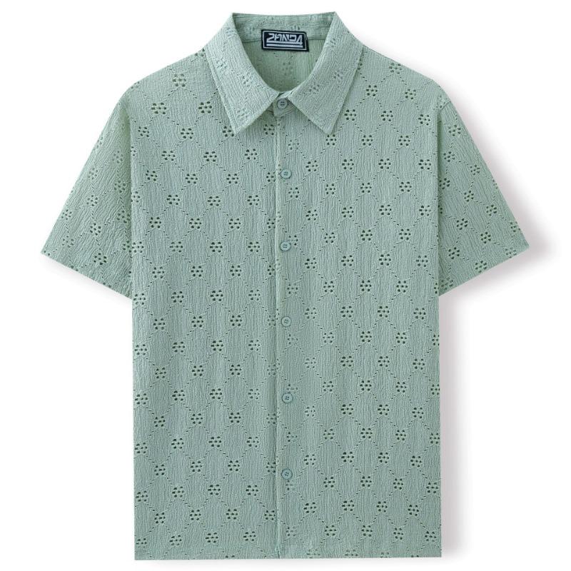 

Men Hollow Out Eyelet Embroidery Short Sleeve Shirt Casual Breathable Button Down Top M зелёный