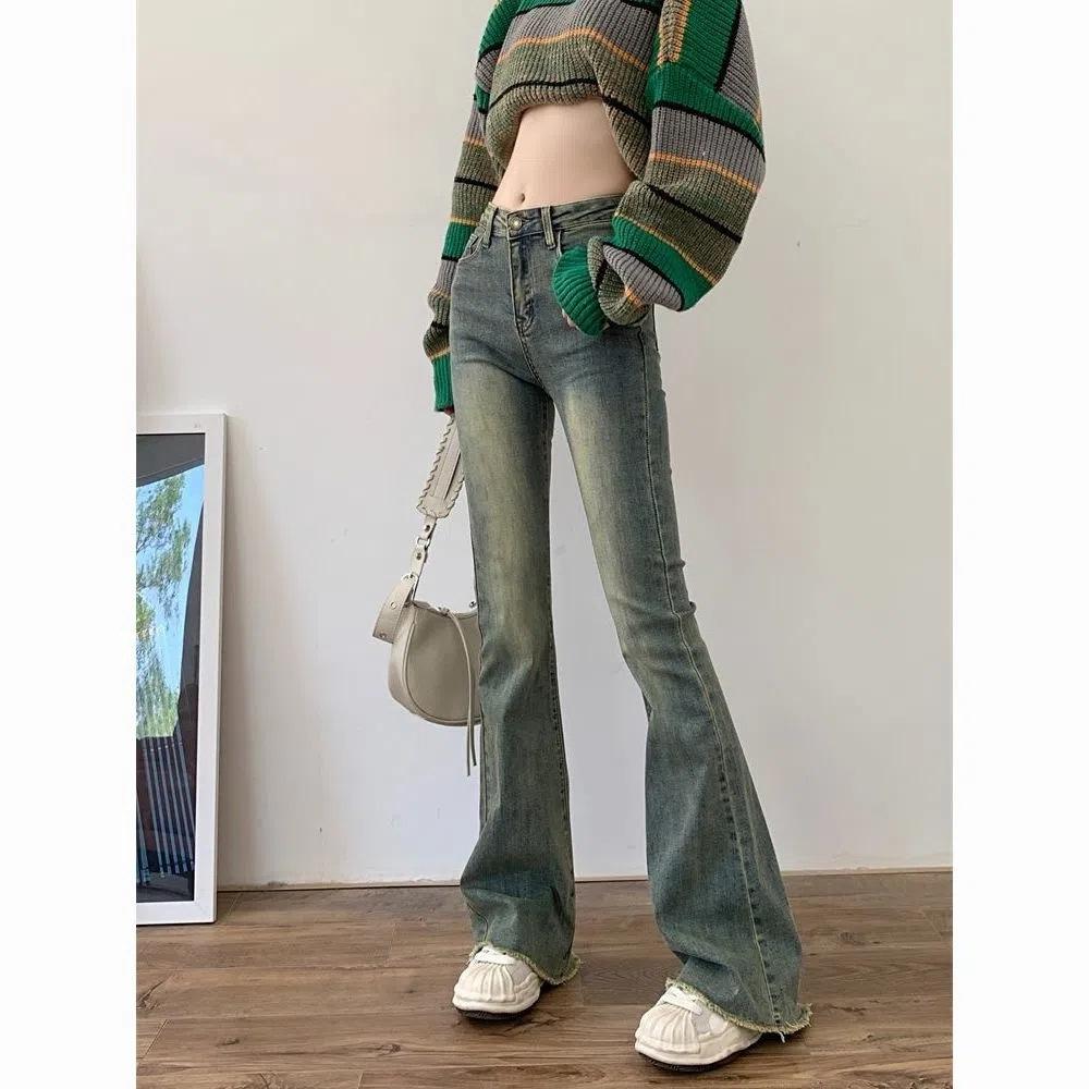 Flap Pocket Raw Hem Bell Bottom Jeans, Y2k Streetwear High Waist Washed Fitting Denim Pants, Women's Denim Jeans & Clothing