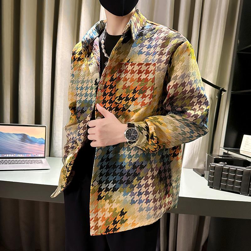 

Men s Gradient Houndstooth Long Sleeve Shirt - Spring/Summer Style, Handsome Loose Plaid Jacket 2XL