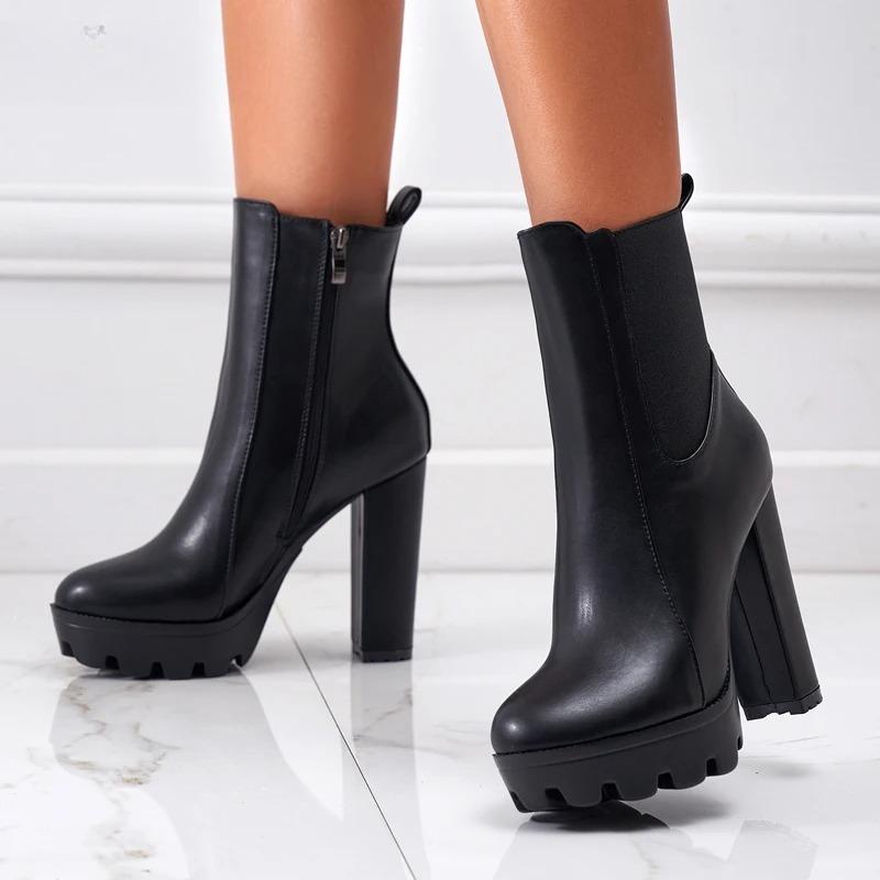 Fashion High Quality High Heels Fashion Women Ankle Boots Autumn Winter Thick Platform Slip On Street Style Ladies Shoes Luxury Boots
