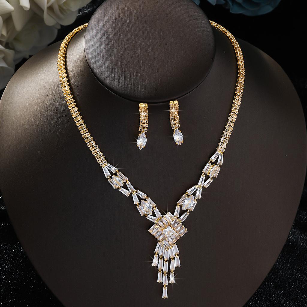 3PC Women's Fashion Copper Inlaid Zircon Claw Chain Geometric Tassel Necklace Earrings Zircon Set Wedding Party Festival Gift