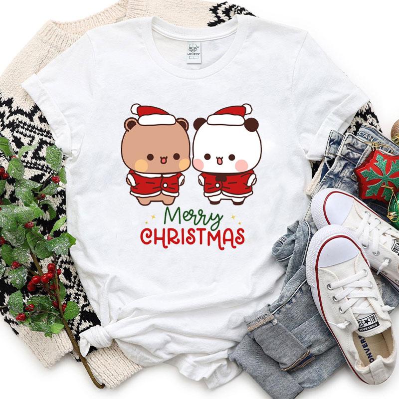 Kawaii SnowUnisex Bubu Dudu Christmas Graphic Tshirt Trendy Funny Cartoon Panda Printing Women Shirt Fashion Holiday Cotton Tees
