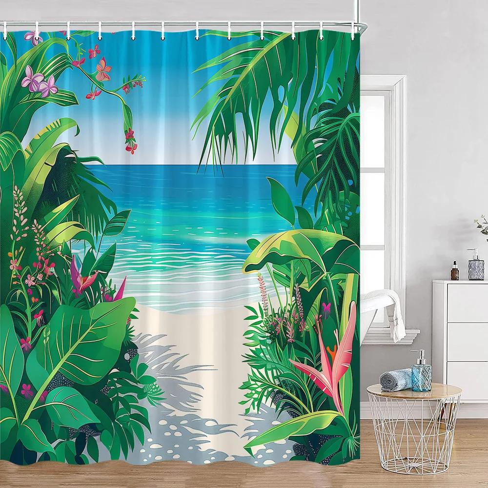 Seaside Landscape Shower Curtains Coconut Trees Tropical Leaves Sea Scenery Bathroom Decor Summer Hawaii Polyester Bath Curtain