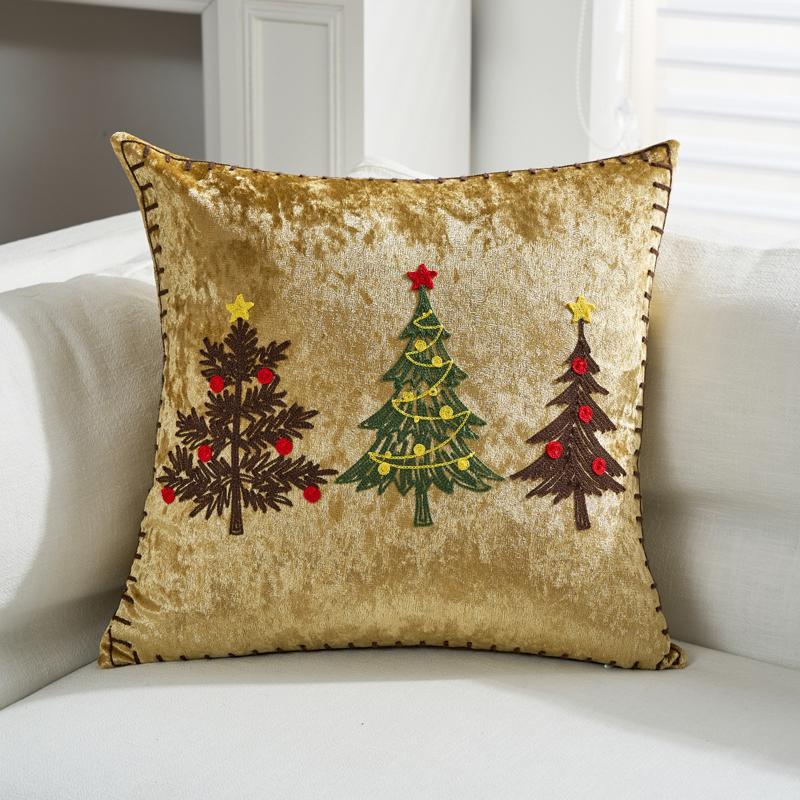 Christmas Embroidery Throw Pillow Cover Xmas Tree Reindeer Snowflake Embroidered Cushion Case Home Decoration (Without Core)