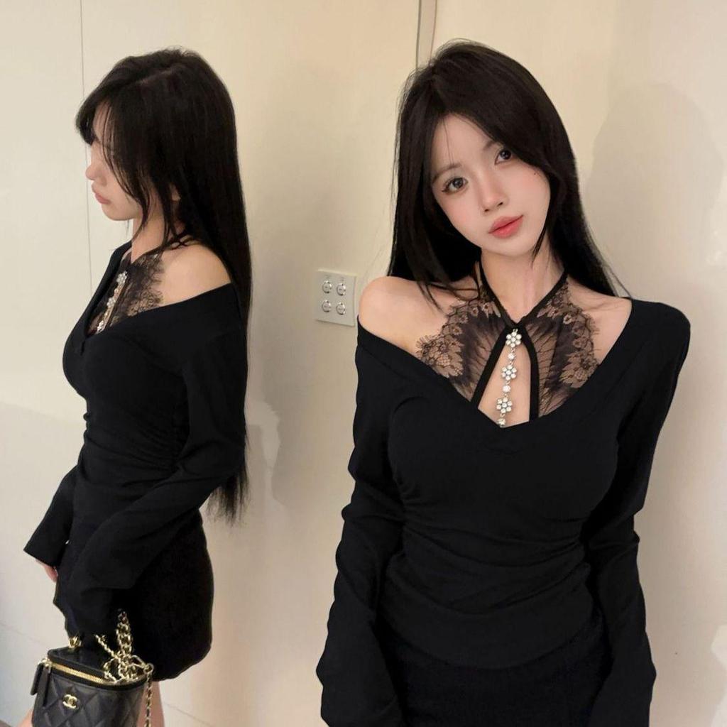 Chic Heavy-Duty Sequin Patchwork Lace Halter V-Neck Long-Sleeve Layered Fake Two-Piece Women's T-Shirt