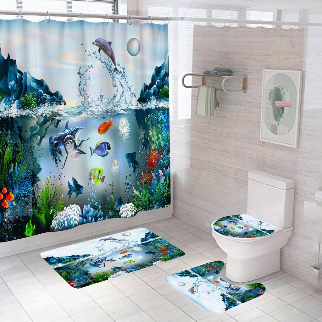 Bathroom Shower Curtain Four-piece Digital Printing Sand Underwater World Waterproof Shower Curtain Shower Curtain Partition Curtain Bath Mat