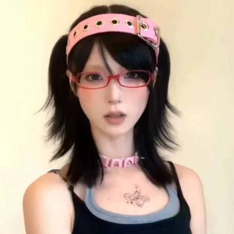 Y2K Gothic Punk Leather Buckle Hair hoop KC headband Harajuku Women Girl Dark Black Punk Hip hop Rock Hairbands Hair Accessories