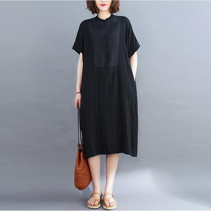 Summer Literature Plus Loose Fit Solid Color Round Neck Short Sleeved Mid Length Dress for Women