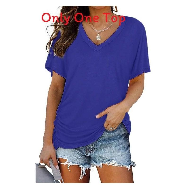 T-shirt da donna a maniche corte con scollo a V e tessuto in poliestere per un look casual estivo