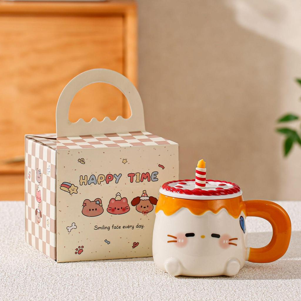 Cute Birthday Cat Candle Mug with Lid & Spoon - Heart Coffee Cup Gift