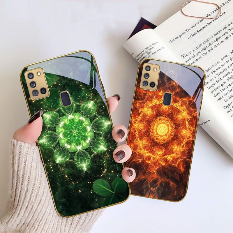 Blooming Golden Mandala For Samsung A 31 32 A33 A34 35 14 A15 13 16 25 26 50 52 53 54 55 56 70 71 72 73 Golden Glass Phone Case