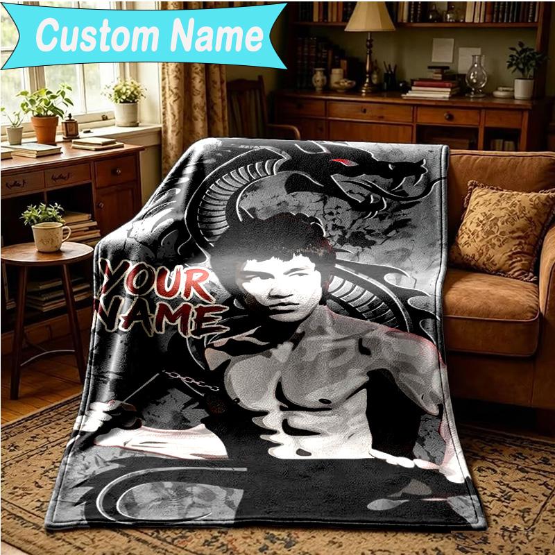 1PC Custom Name Blanket Dynamic Bruce-Lee Pose Flannel blankets Patterns Throw Blanket All-Season Soft Gift for Couch, Bed, Camping, Birthday gifts