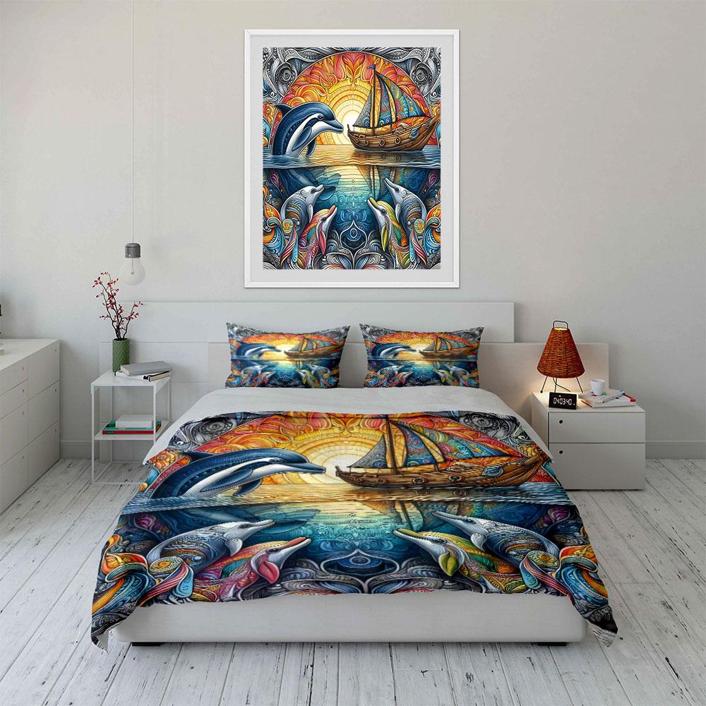 Colorful Ocean Dolphins Artwork Decor Bedding Set with 1 Duvet Cover 2 Pillowcases Single Double King Queen, Gift
