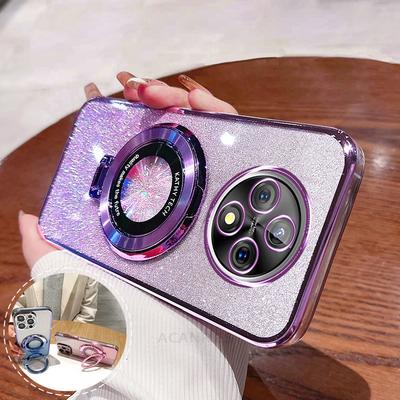 Reno12f Luxury Glitter Plating Holder Silicone Case For Oppo Reno12 F FS 4g 5g Reno 12 11 10 Reno10 Pro 8 7 6 5 Lite Stand Cover