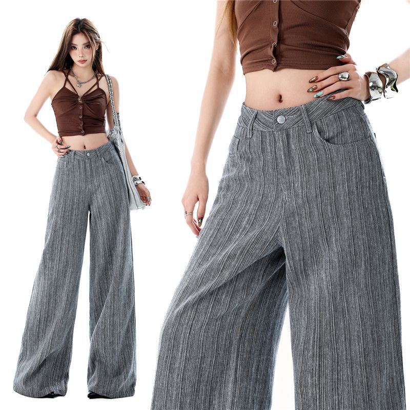 Spring Summer Thin Linen Cotton Textured Cool Drape Relaxed Wide Leg Casual Denim Pants For Ladies Casual Pants Oversize Denim Trousers