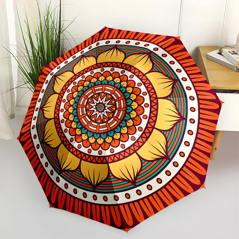 1pc Mandala Pattern Automatic Folding Umbrella - Compact 8-Rib Design, Durable Plastic & Iron, Lightweight for Outdoor Daily Use024