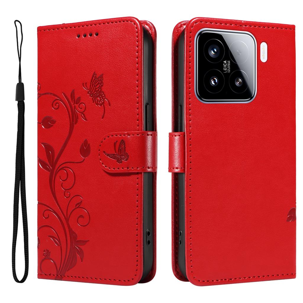 For Xiaomi 15 PU Leather Cases Flower Pattern Wallet Stand Phone Cover with Strap