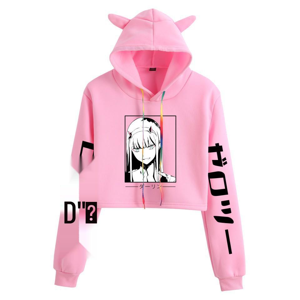 Japanese Anime Zero Two "Darling in the Franxx" Cat Ear Cropped Hoodie