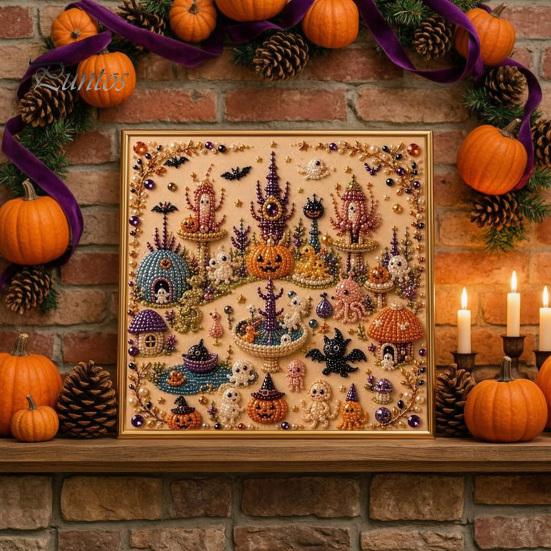 Handgefertigte Wanddekoration für Halloween, Perlen-Kunst-Set, Hexe Geist Malerei DIY Kürbis Diamant Gruseliges Bastelset für Erwachsene, Kreatives Feiertagsgeschenk für Liebhaber