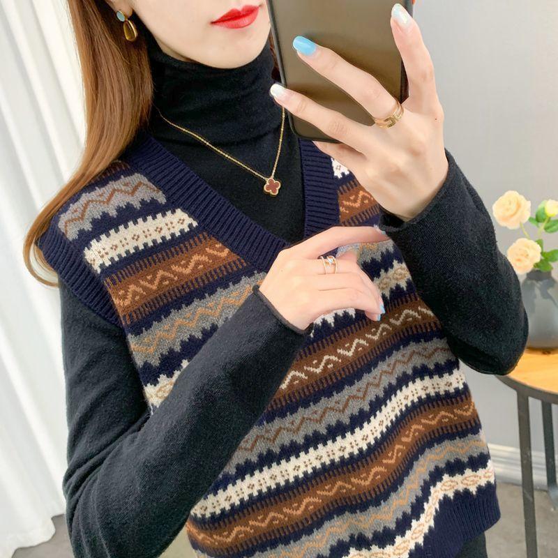 

Женский свитер, жилет, вязаный винтажный женский модный простой шикарный топ с v-образным вырезом, свободный осенне-зимний джемпер в Корейском стиле, повседневный L тёмно-синий