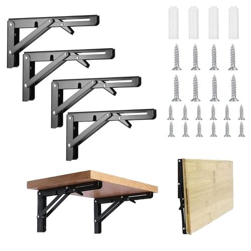 KOCOMART Folding Shelf Brackets, 25cm L-Shaped Brackets, 100kg Load Capacity, Set of 4 (Black)