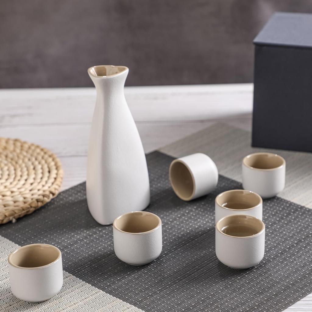Ceramic Sake Carafe Set, Sake Set, Japanese Sake Set, Cold Sake Set, Traditional Ceramic, 150ml Carafe, 6 X 30ml Sake Cups, In a Brocade Box.