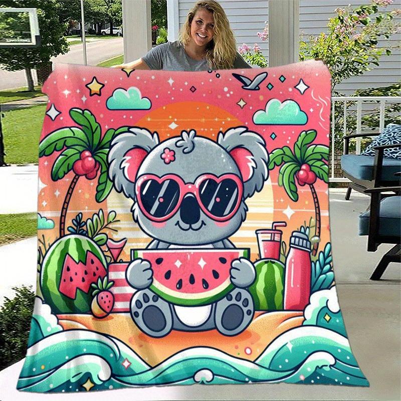 1pc Cute Animals Printing Lightweight Flannel Blanket, Comfortable and Warm Blanket, for Camping Sofa Bed and Couch Office, In All Seasons